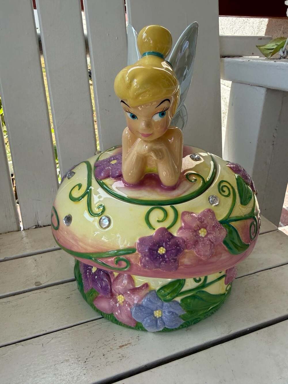 Vintage Disney Tinker Bell Floral Jeweled Mushroom Ceramic Cookie Jar - Picture 2 of 4